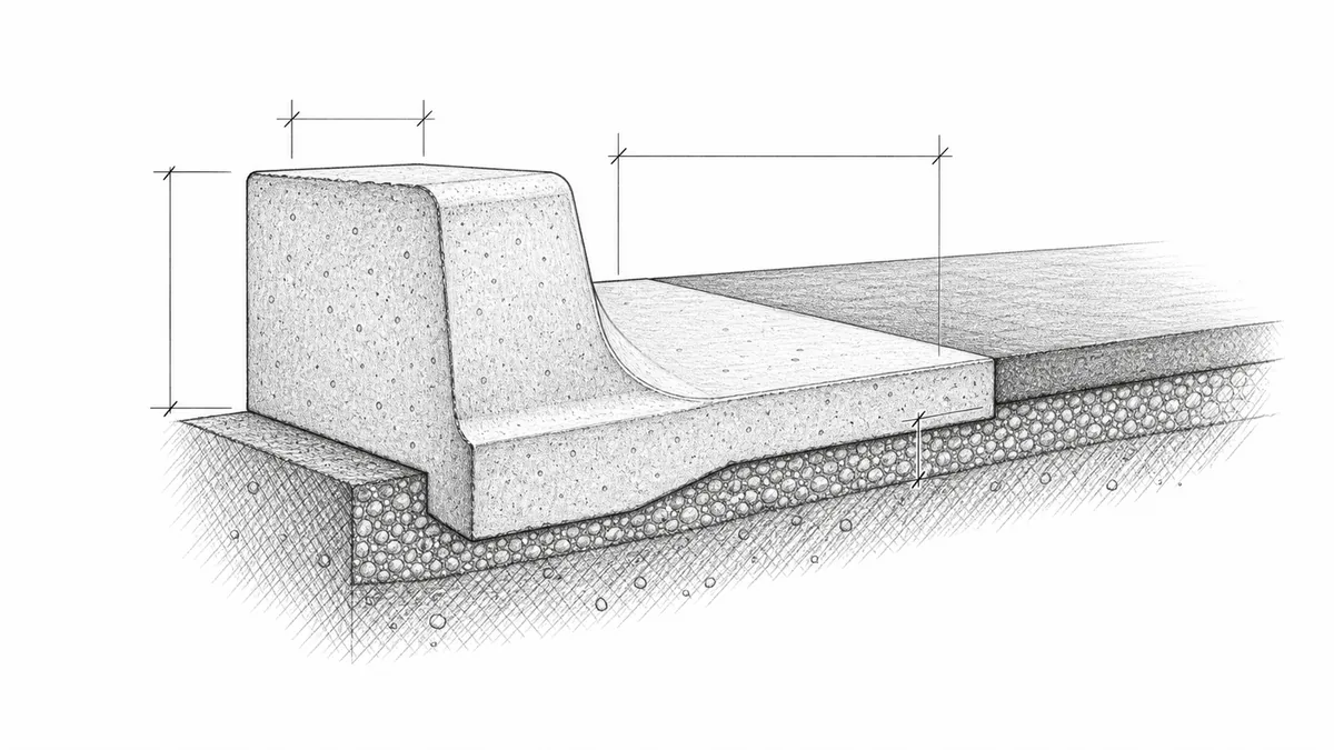 Curb and gutter cross-section showing the curb face, sloped gutter pan, base, and measurement markers