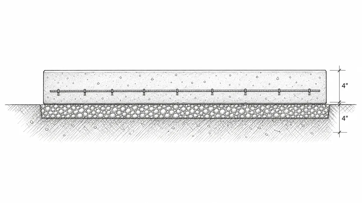 Concrete slab cross-section showing slab thickness, compacted gravel base, soil, and optional reinforcement
