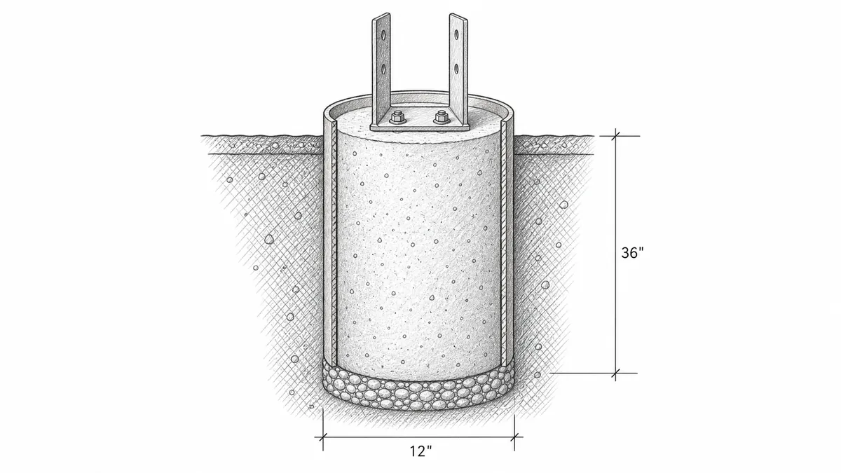 Sonotube pier section showing a cylindrical form, concrete core, soil, and depth markers