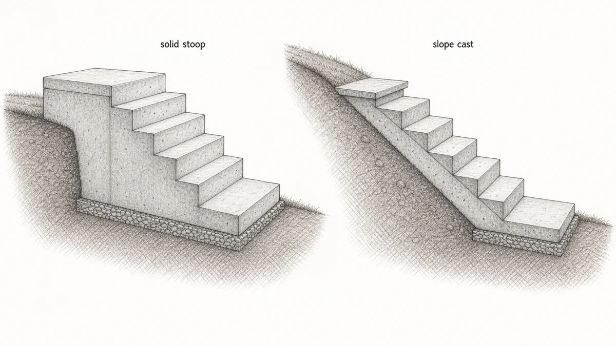 Comparison of solid concrete steps with a landing and stairs cast against a hillside slope