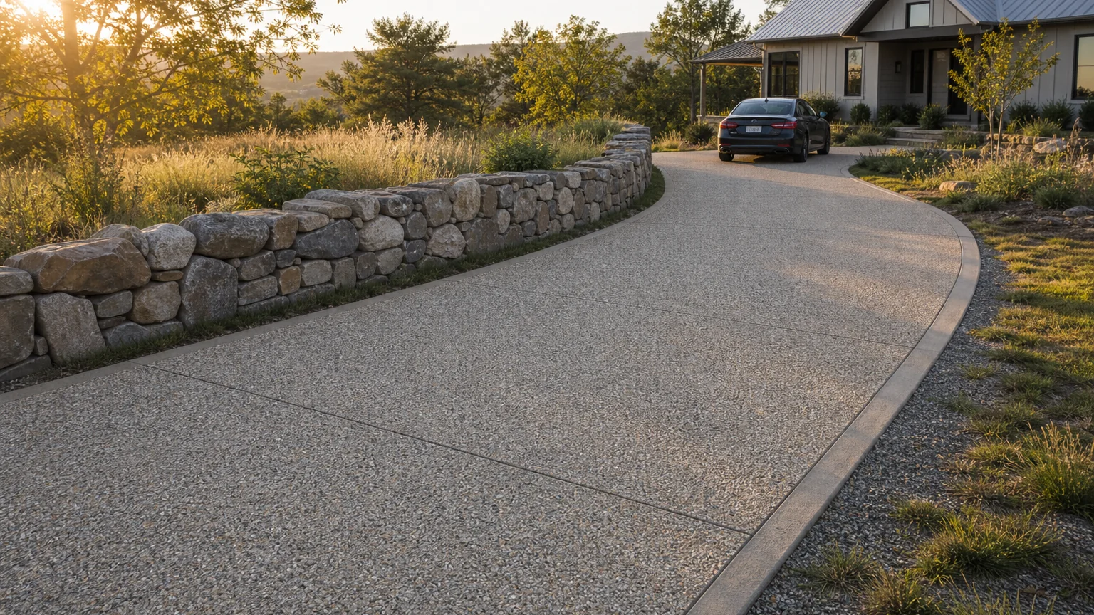 Exposed aggregate driveway curving around low stone planting islands at a residential entry.