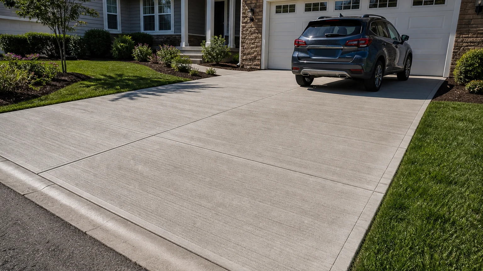 Broom-finish concrete driveway with clean transverse control joints and a landscaped lawn edge.