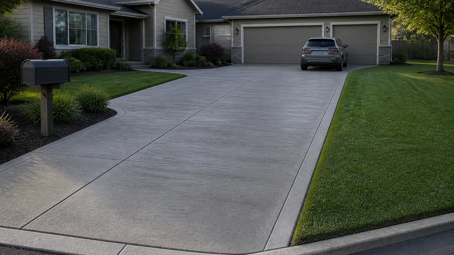 Brushed concrete driveway with a broad grass verge and a simple suburban home.