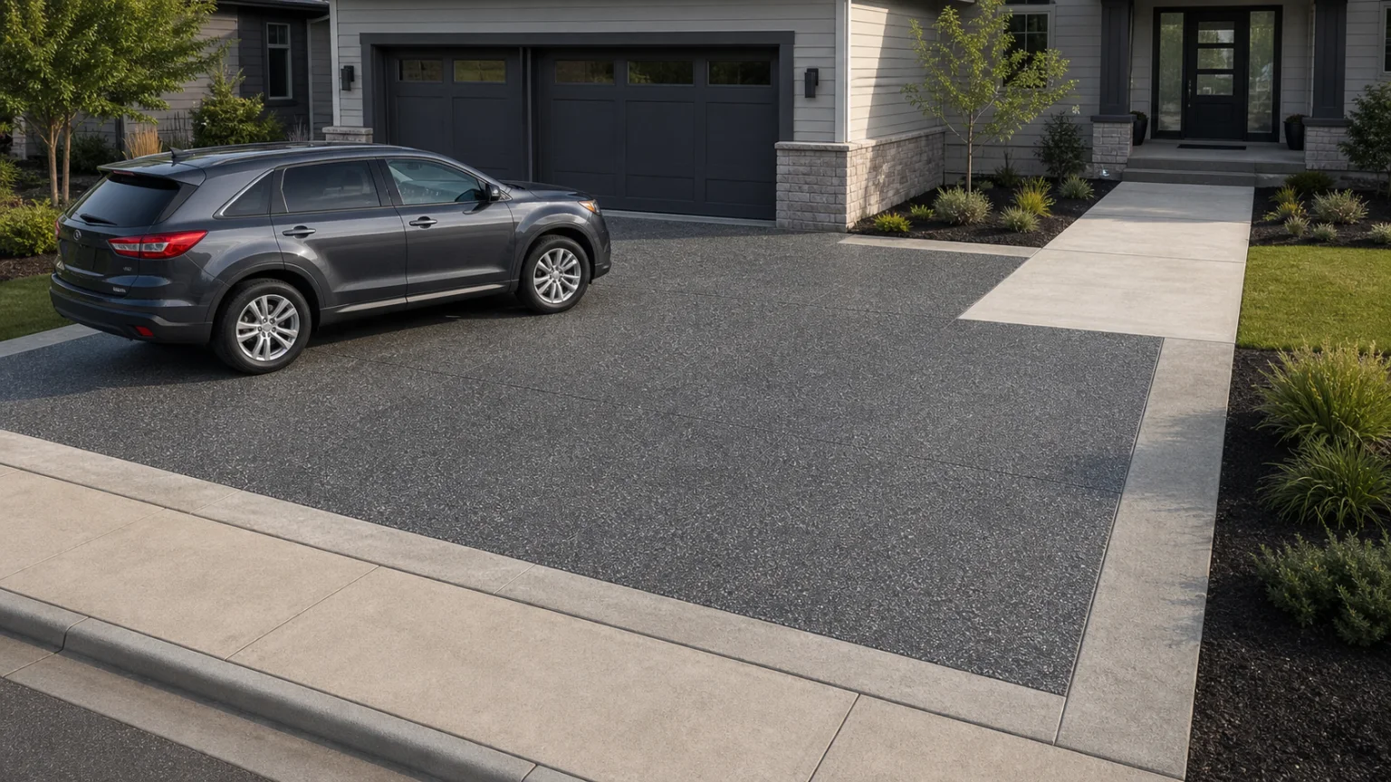 Charcoal exposed-aggregate driveway with a flush pale concrete border, parked crossover, and broad front walk.