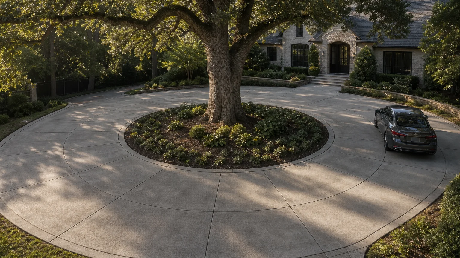 Circular concrete driveway curving around a mature oak tree and planted island.