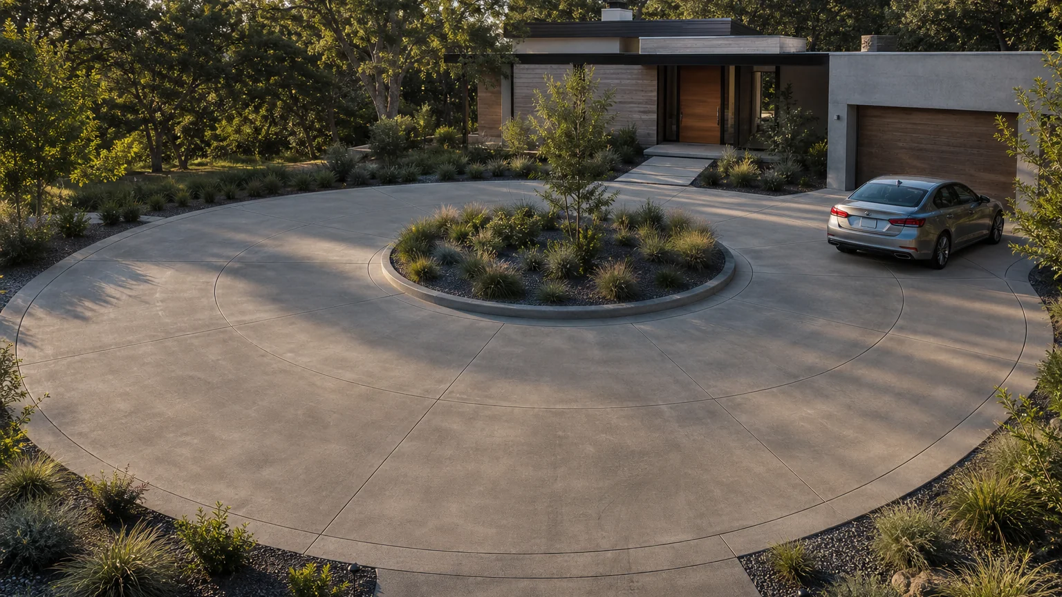 Circular concrete motor court with a low center garden and broad vehicle circulation.