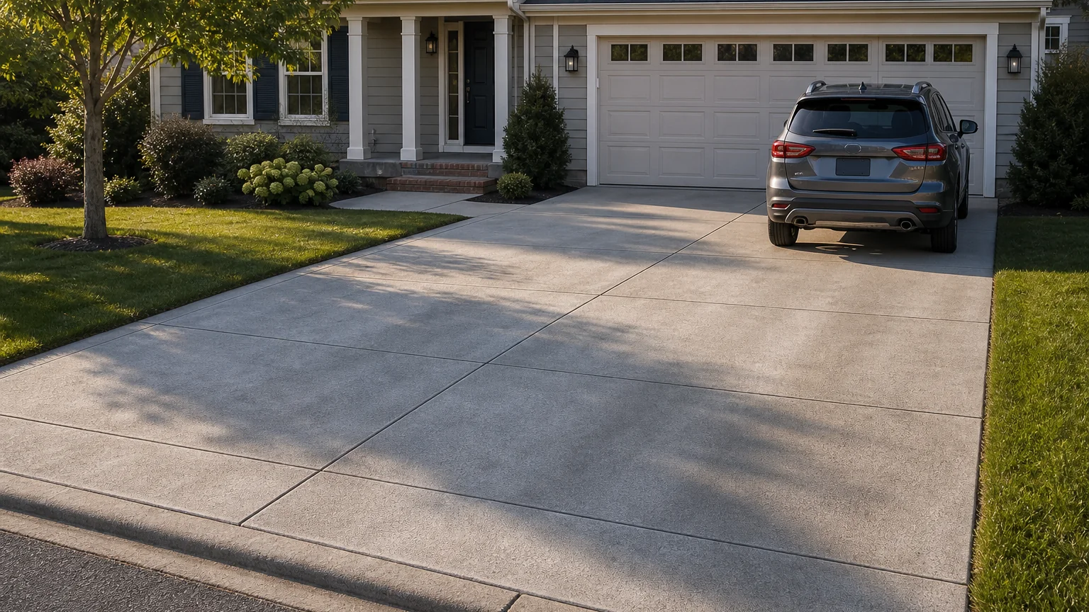 Classic paneled concrete driveway leading to a two-car garage at a landscaped suburban home.