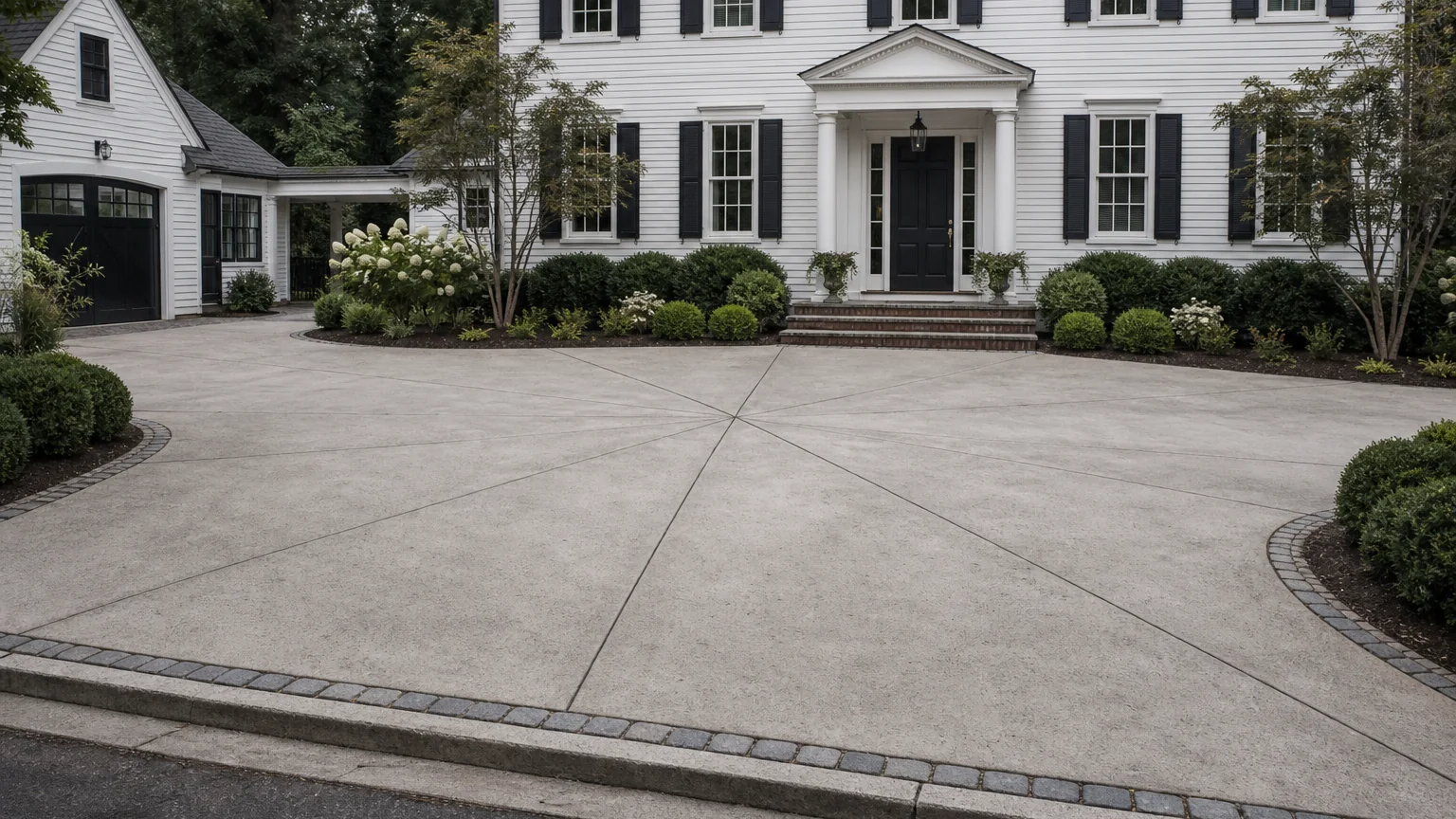 Concrete arrival court with a restrained fan-pattern joint layout in front of a colonial-style home.