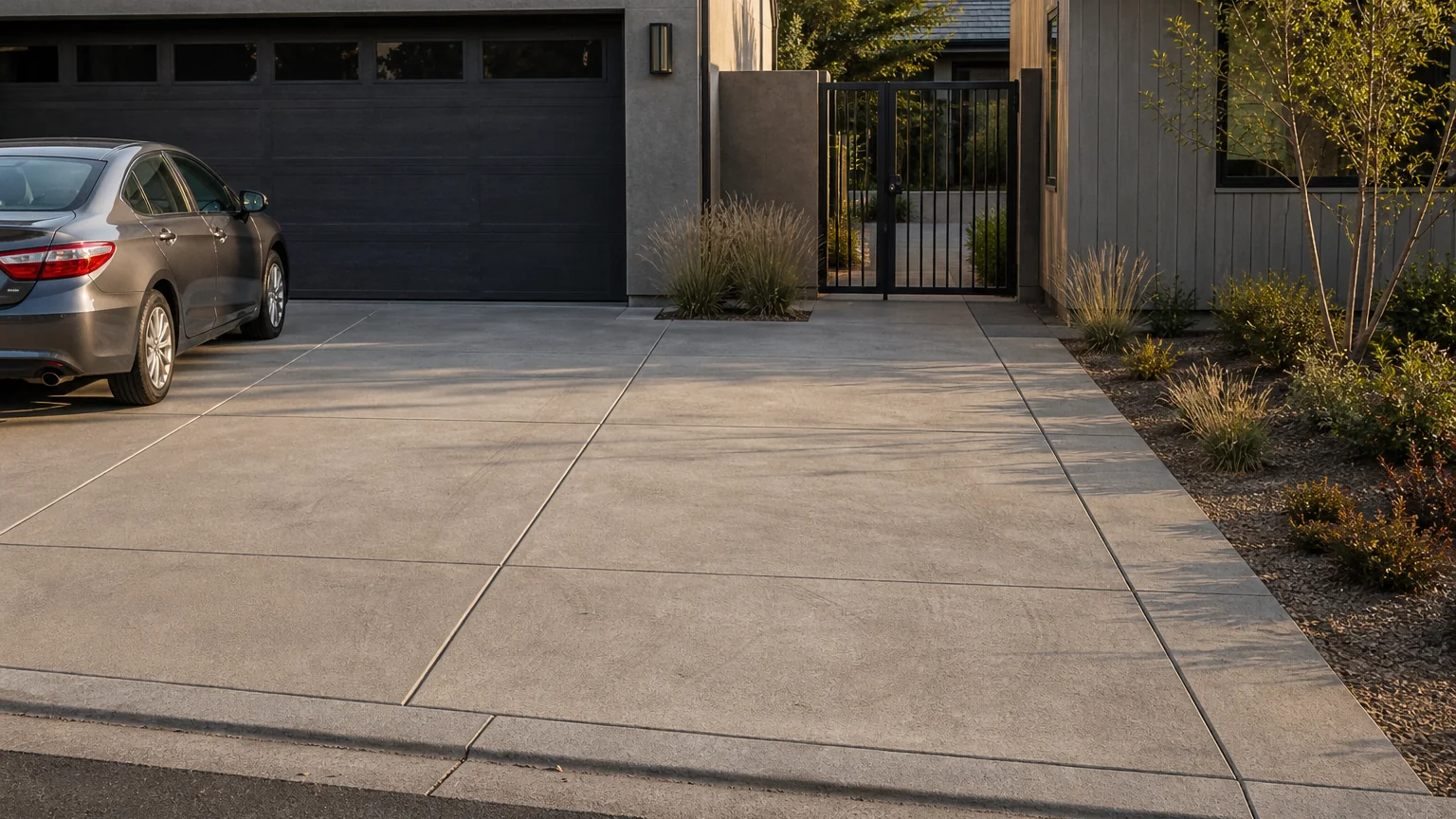 Concrete driveway apron beside a side courtyard gate and planted privacy screen.