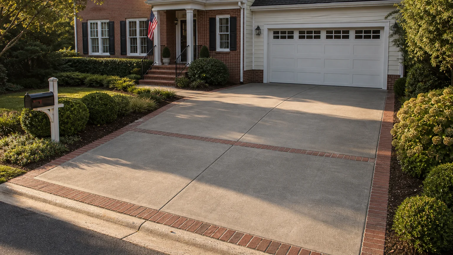 Concrete driveway with a durable brick accent border beside a traditional American home.