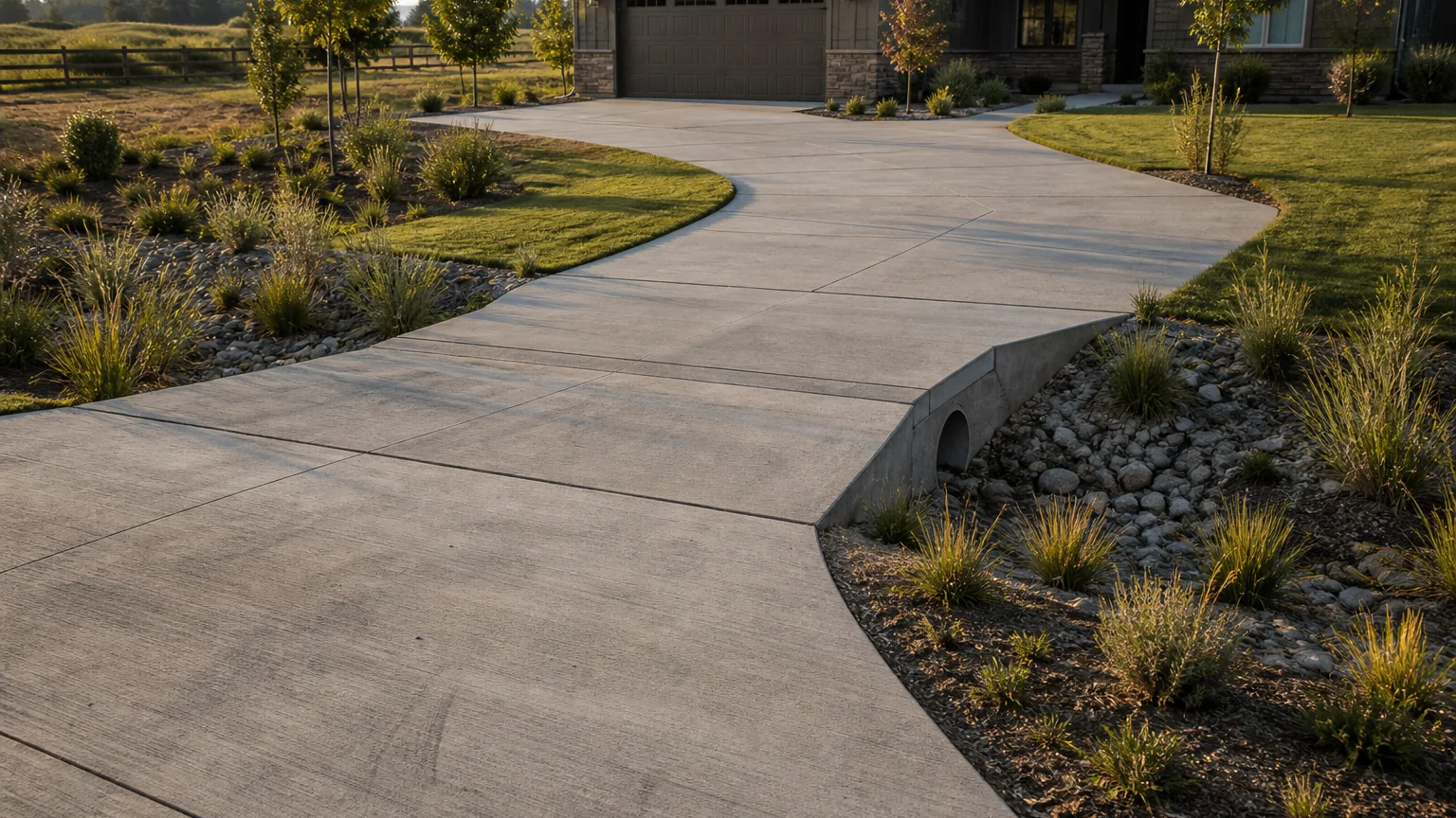 Concrete driveway crossing a shallow landscaped drainage swale with a simple culvert transition.