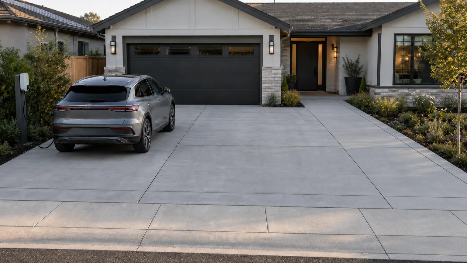 Concrete driveway with a dedicated side EV charging bay outside the main travel path.