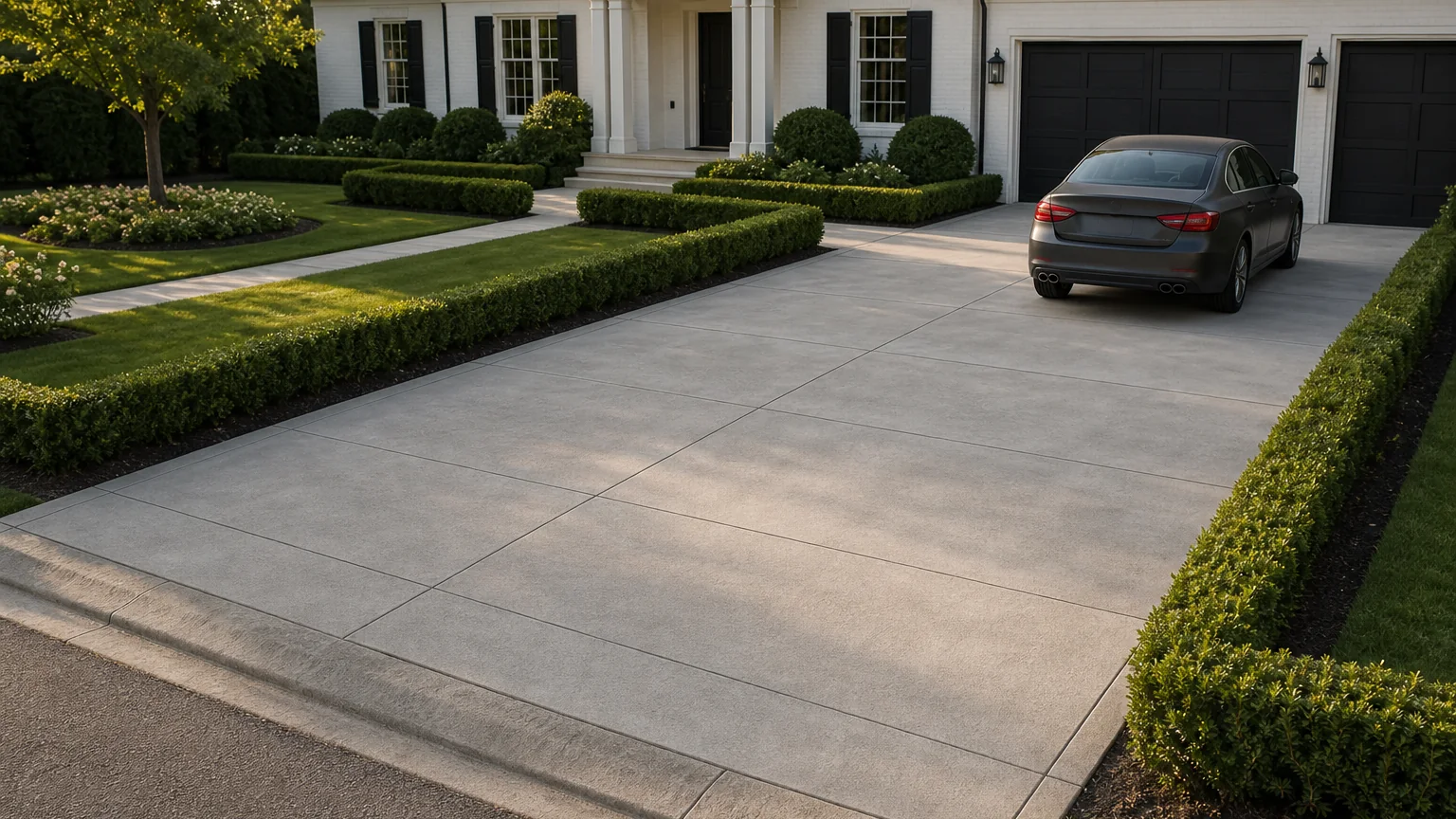 Concrete driveway framed by low clipped hedges at a formal residential entry.