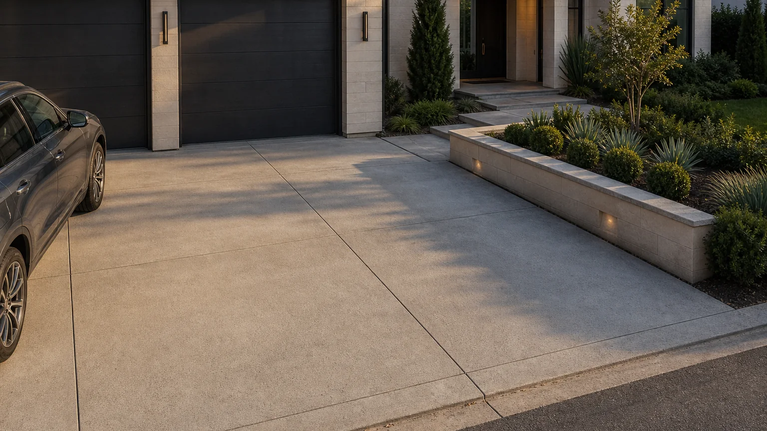 Concrete garage forecourt with a low planter wall, broad panels, and contemporary planting.