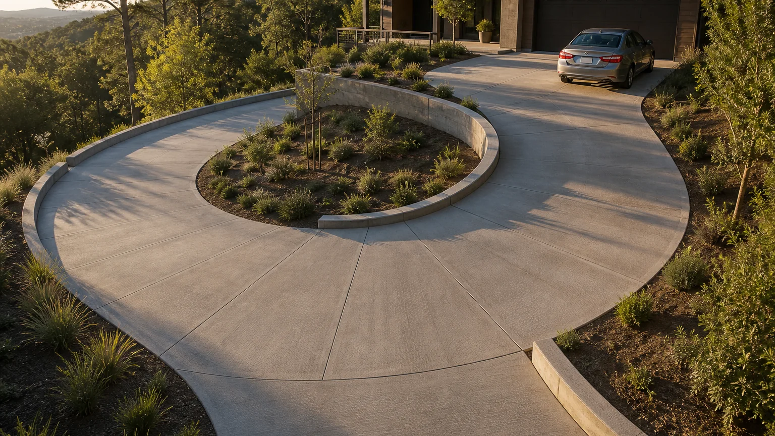 Concrete driveway making a gentle switchback on a landscaped hillside toward a garage.