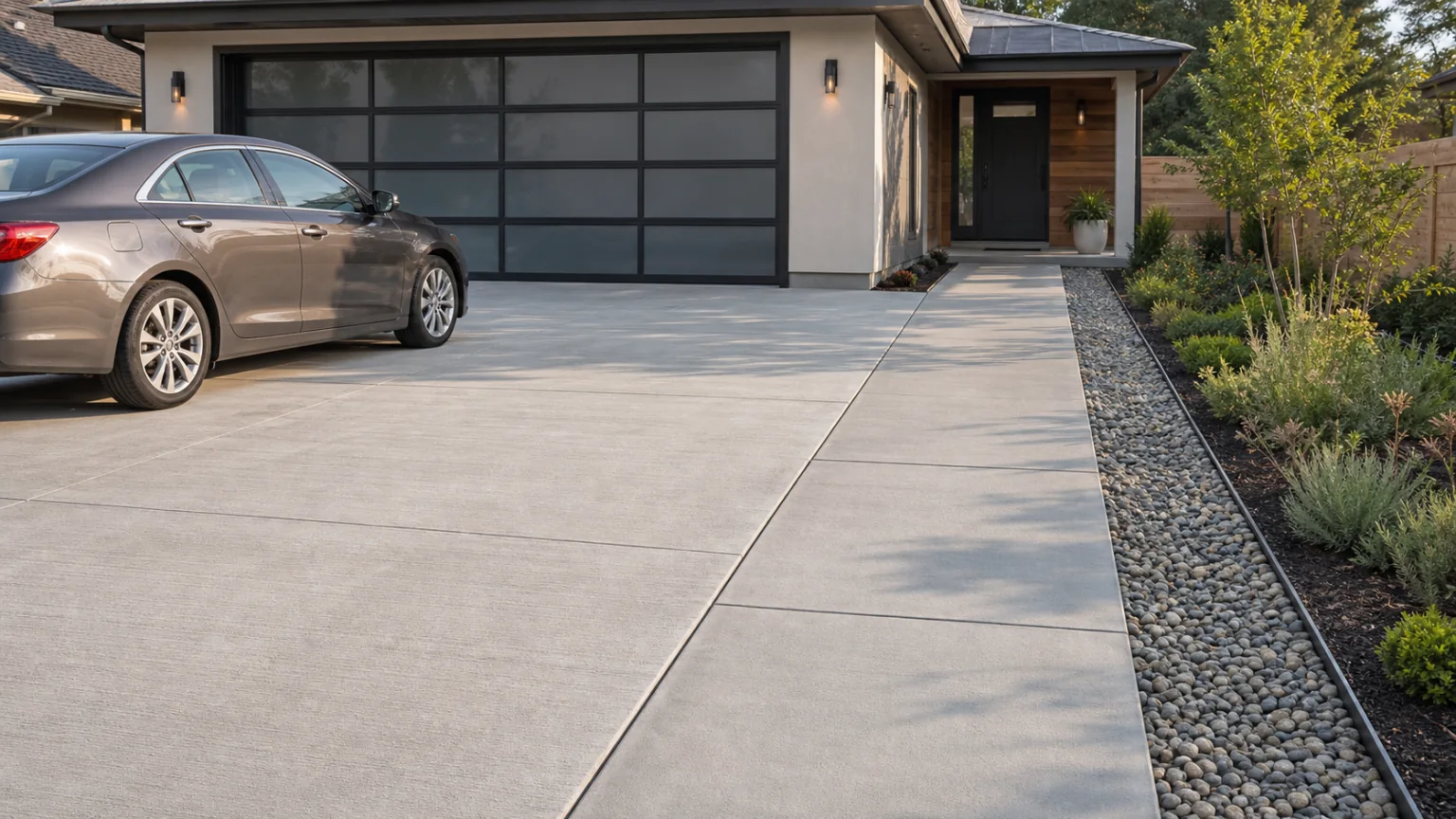 Concrete driveway with a flush side walk and a lower gravel infiltration trench.
