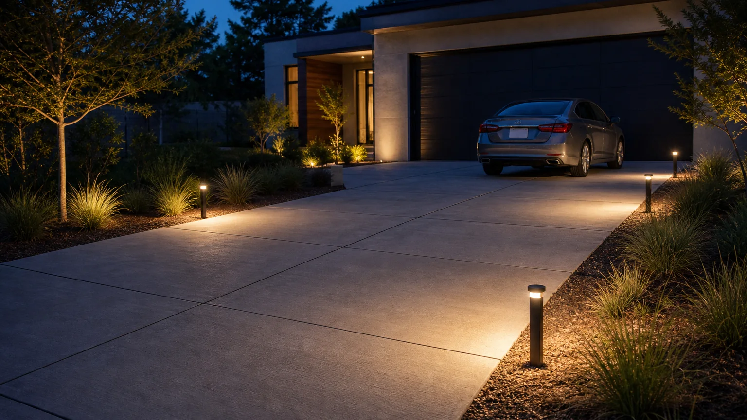 Concrete driveway with low bollard lighting and landscaped planting at blue hour.