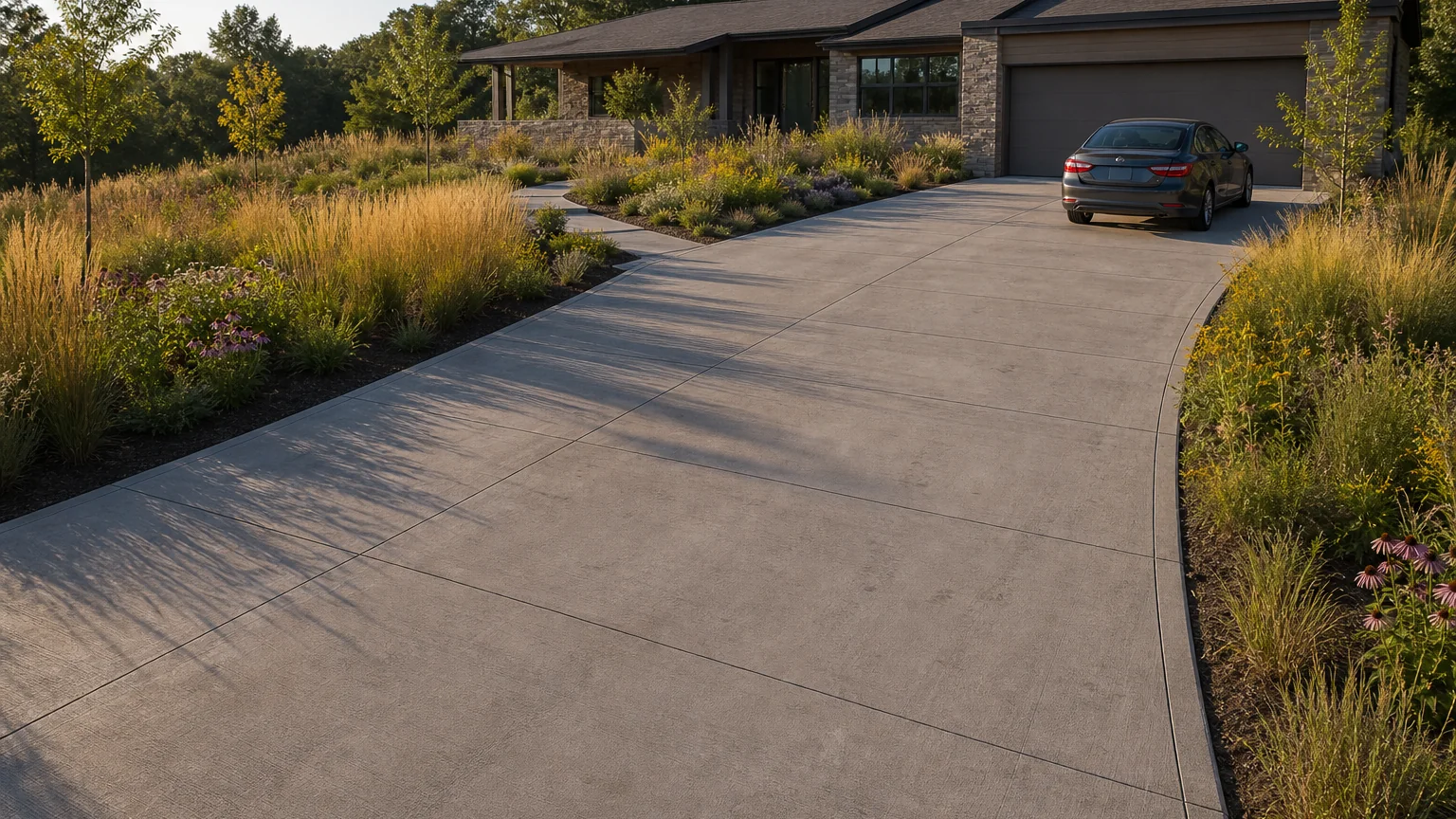 Concrete driveway framed by native prairie grasses and flowering perennials at a modern home.