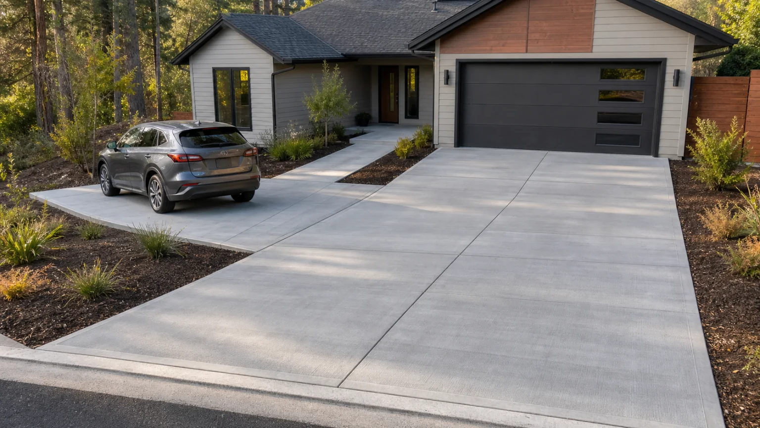 Concrete driveway with a hard-surfaced offset guest parking pocket and direct front walk.