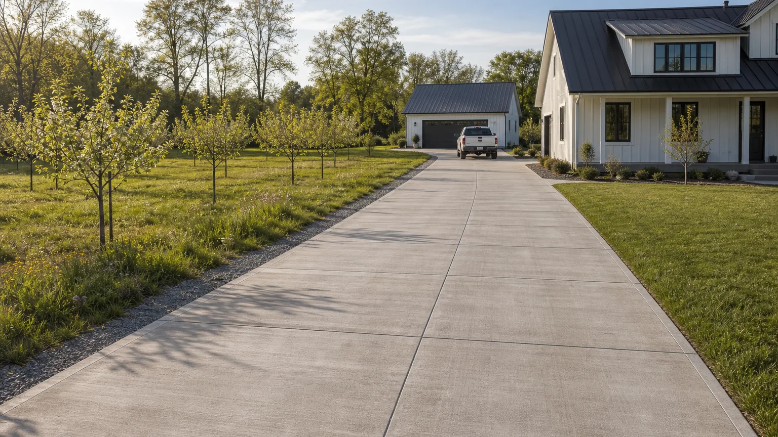 Concrete driveway beside a small orchard edge leading to a modern farmhouse garage.