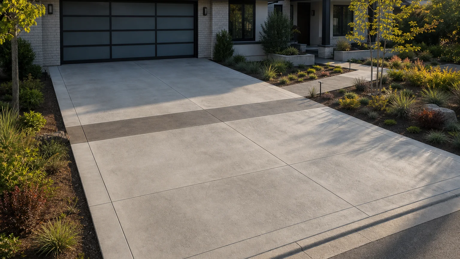 Concrete driveway with a contrasting pedestrian crossing band connecting the front walk to the entry.