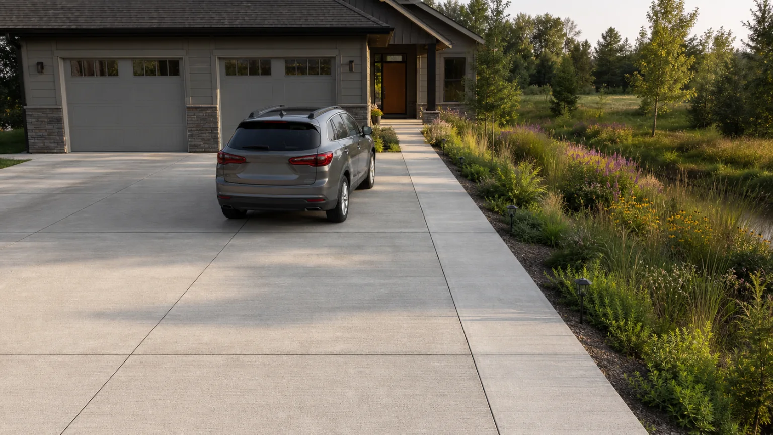 Concrete driveway with a flush unloading strip beside a lower rain-garden swale.