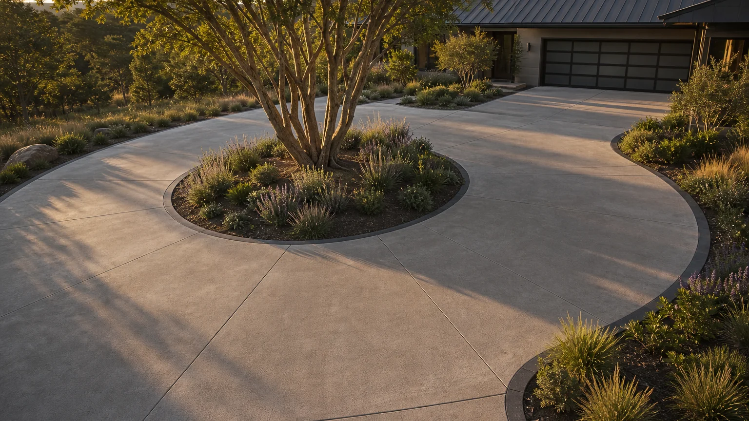 Concrete driveway with broad panels curving around a sculptural entry tree and low planting.
