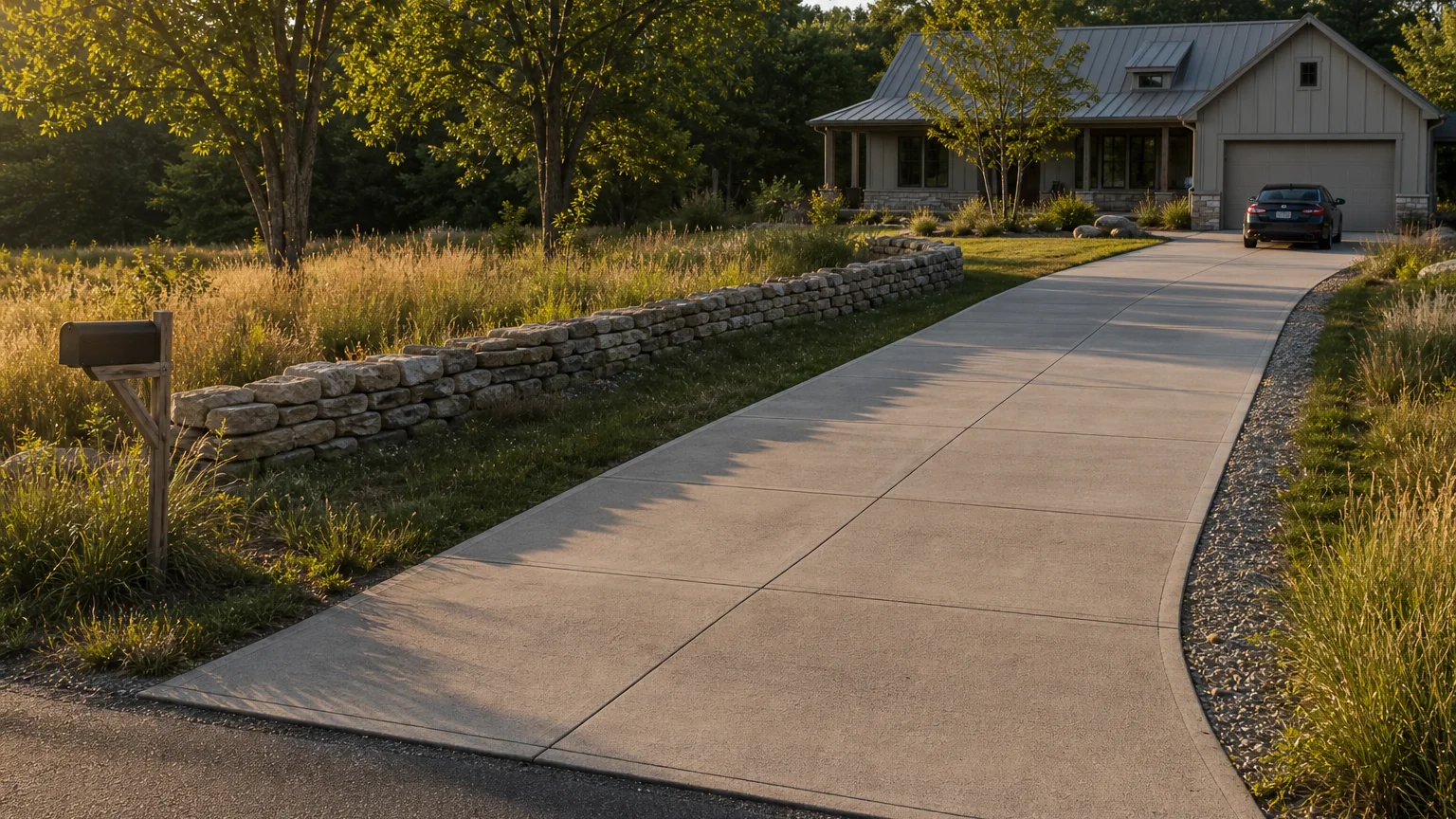 Concrete driveway beside a low stone field wall and native grass planting.