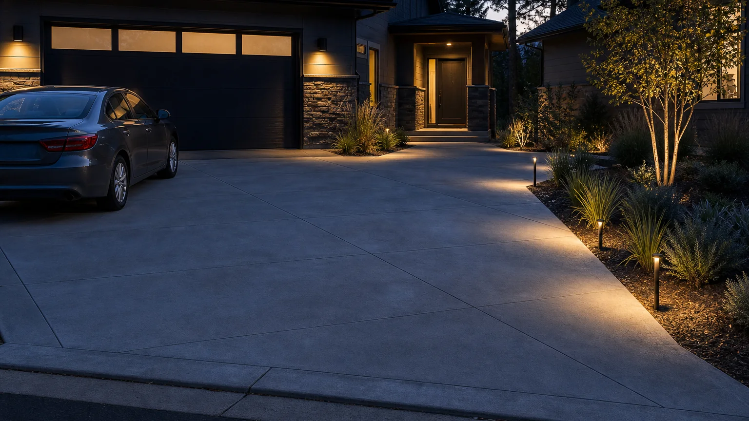 Concrete driveway with warm garage lighting and subtle path lights at early blue hour.