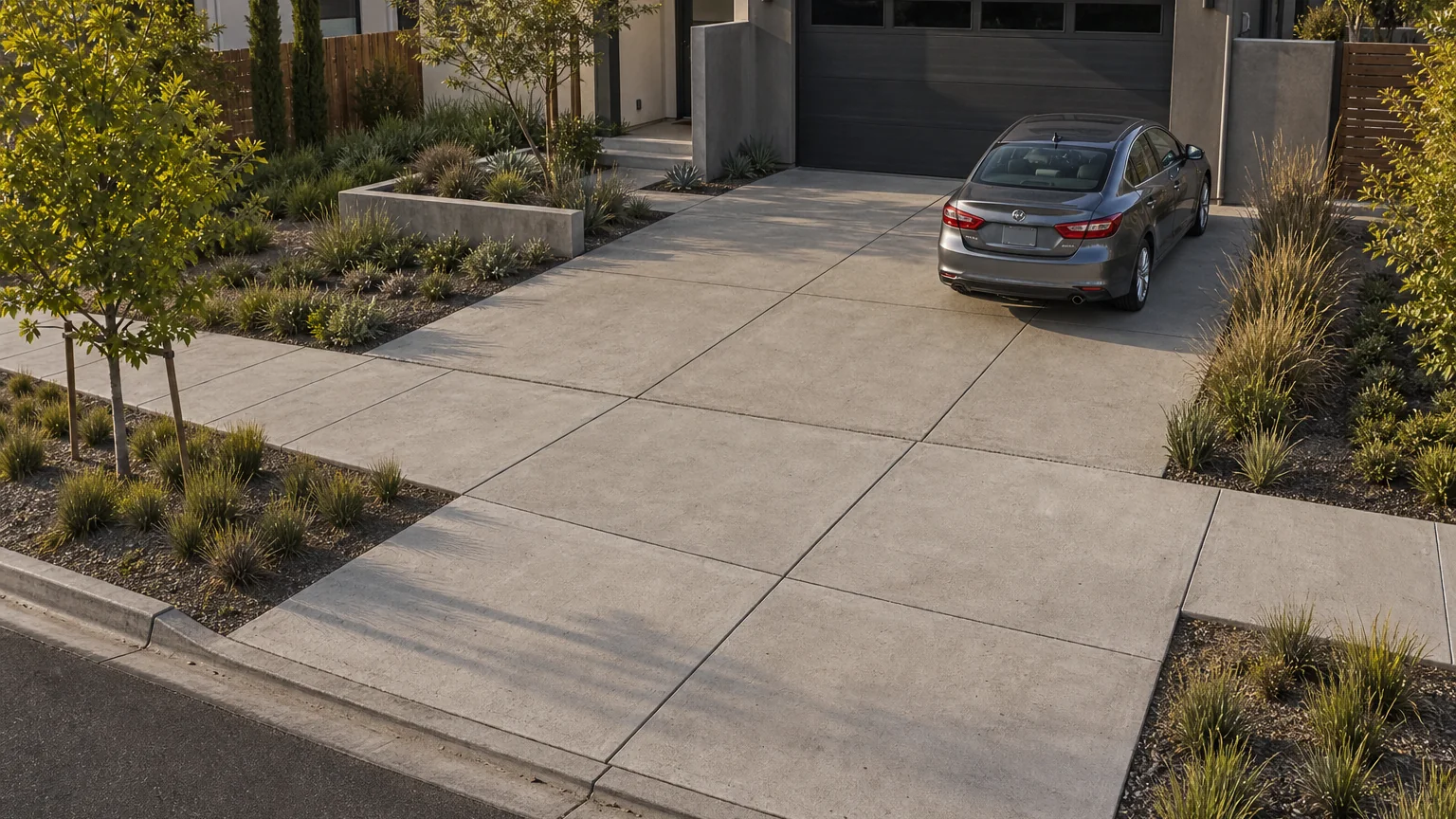 Contemporary concrete driveway integrating cleanly with a sidewalk and planted street edge.