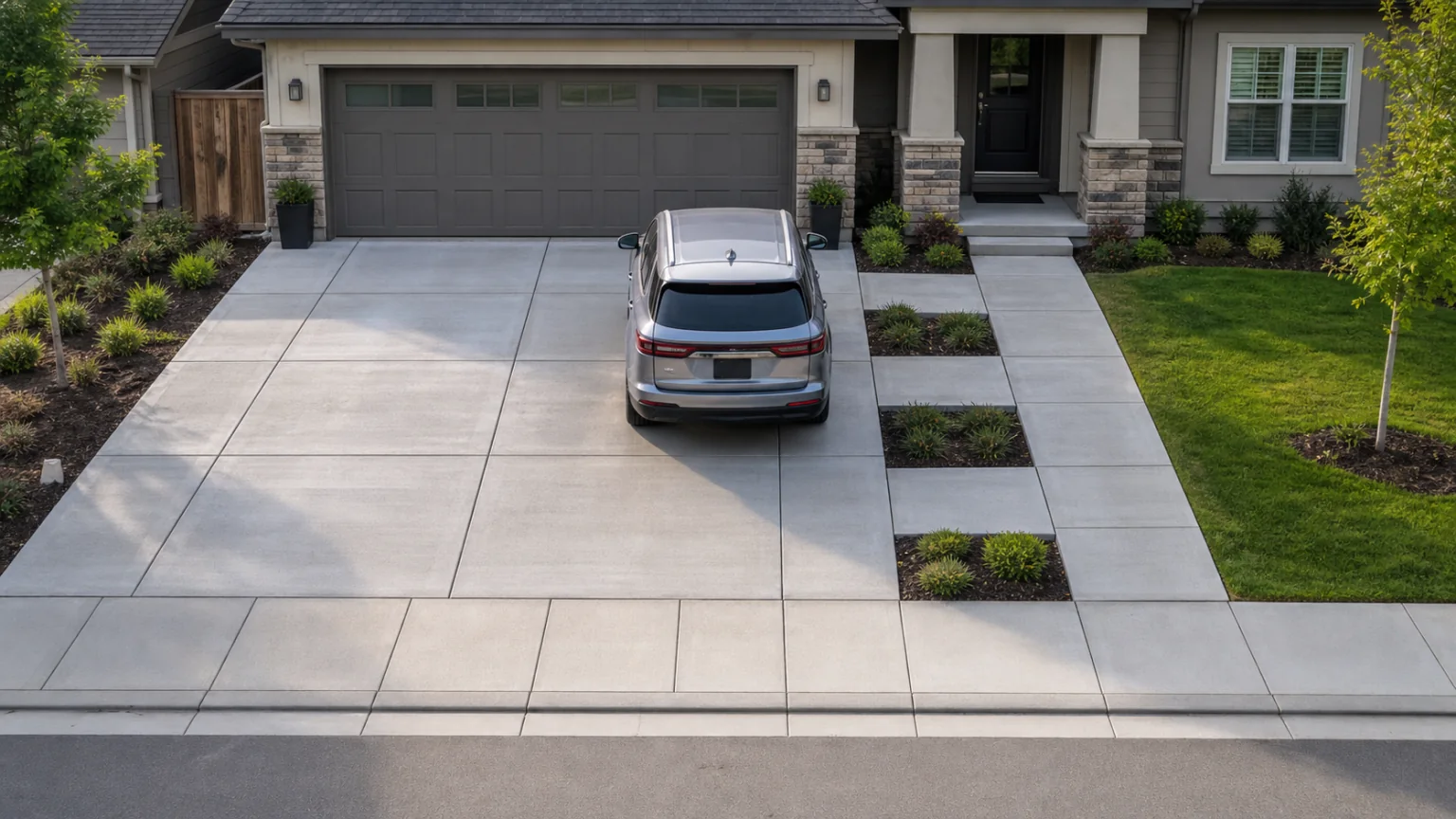 Coordinated concrete driveway and front walk with aligned joints and flush crossing bays.