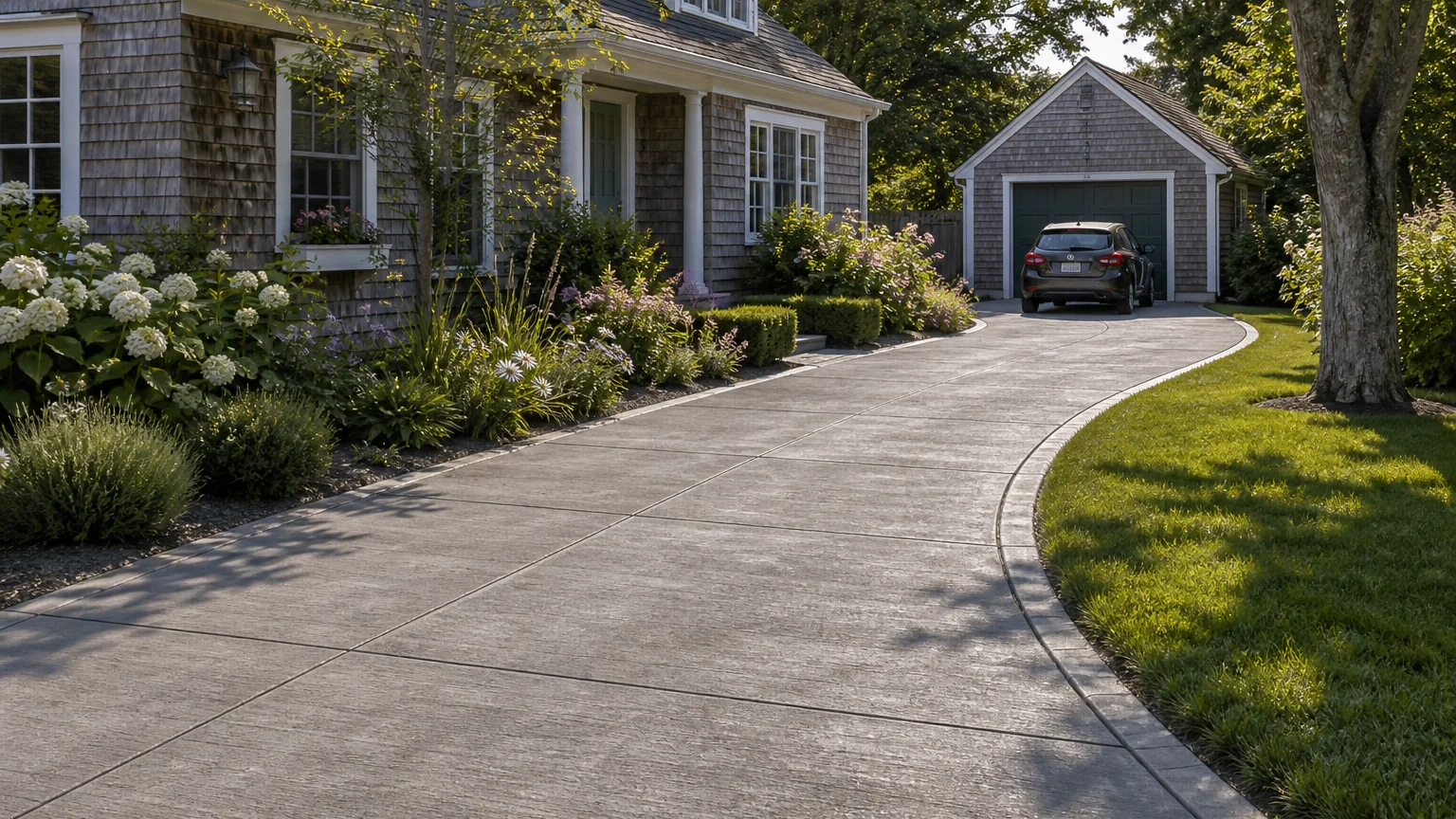 Concrete driveway with a gentle curved lawn edge leading to a cottage-style garage.