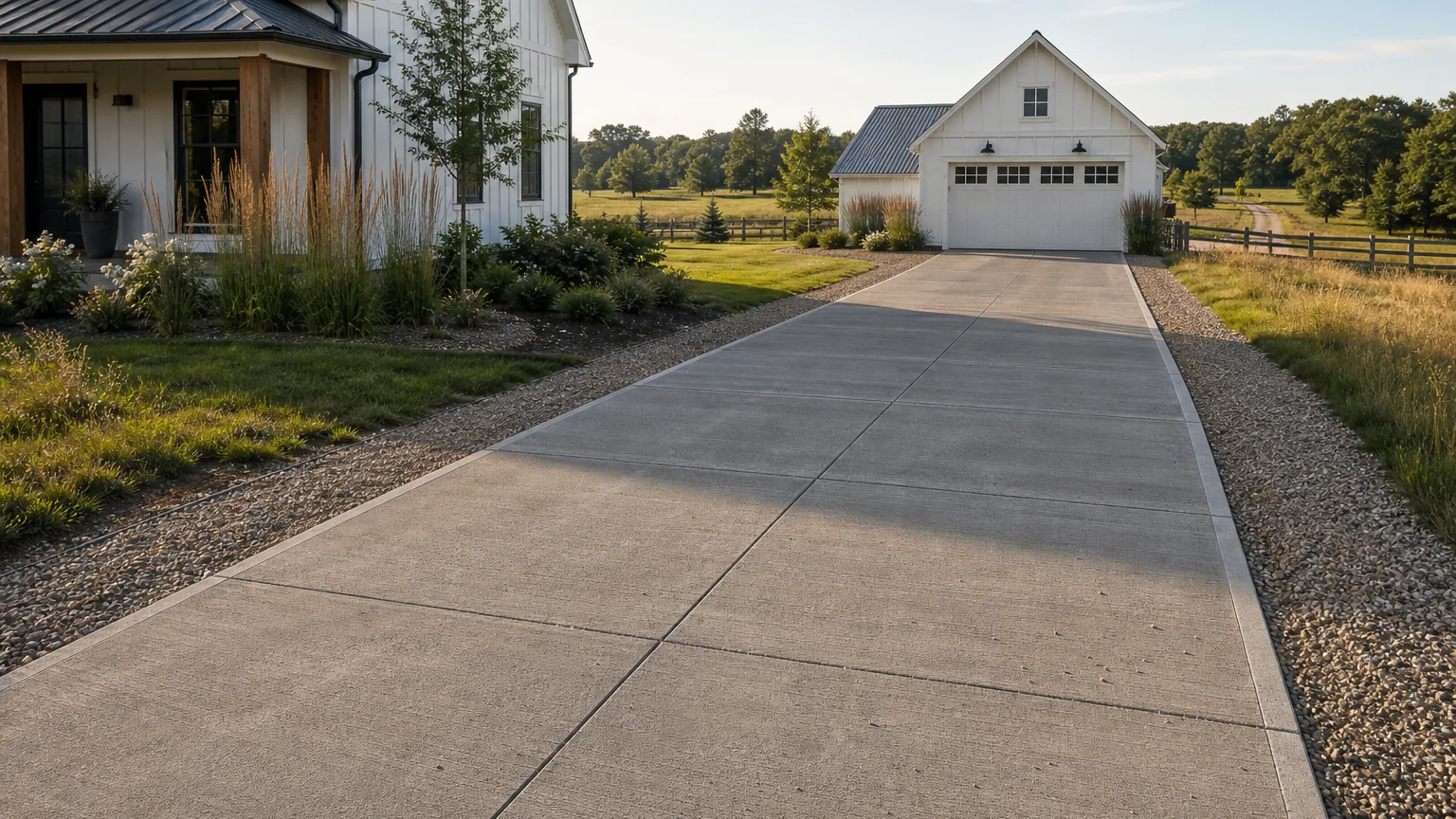 Farmhouse concrete driveway with gravel shoulders, grass, and a white detached garage.