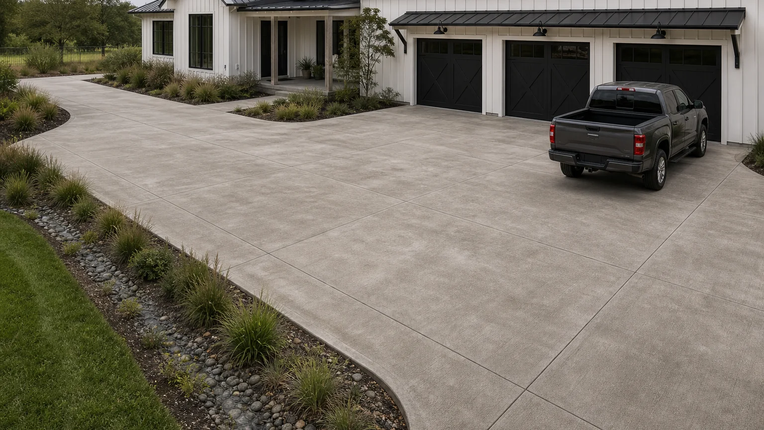 Farmhouse concrete motor court with a planted drainage edge and simple black barn-style garage doors.