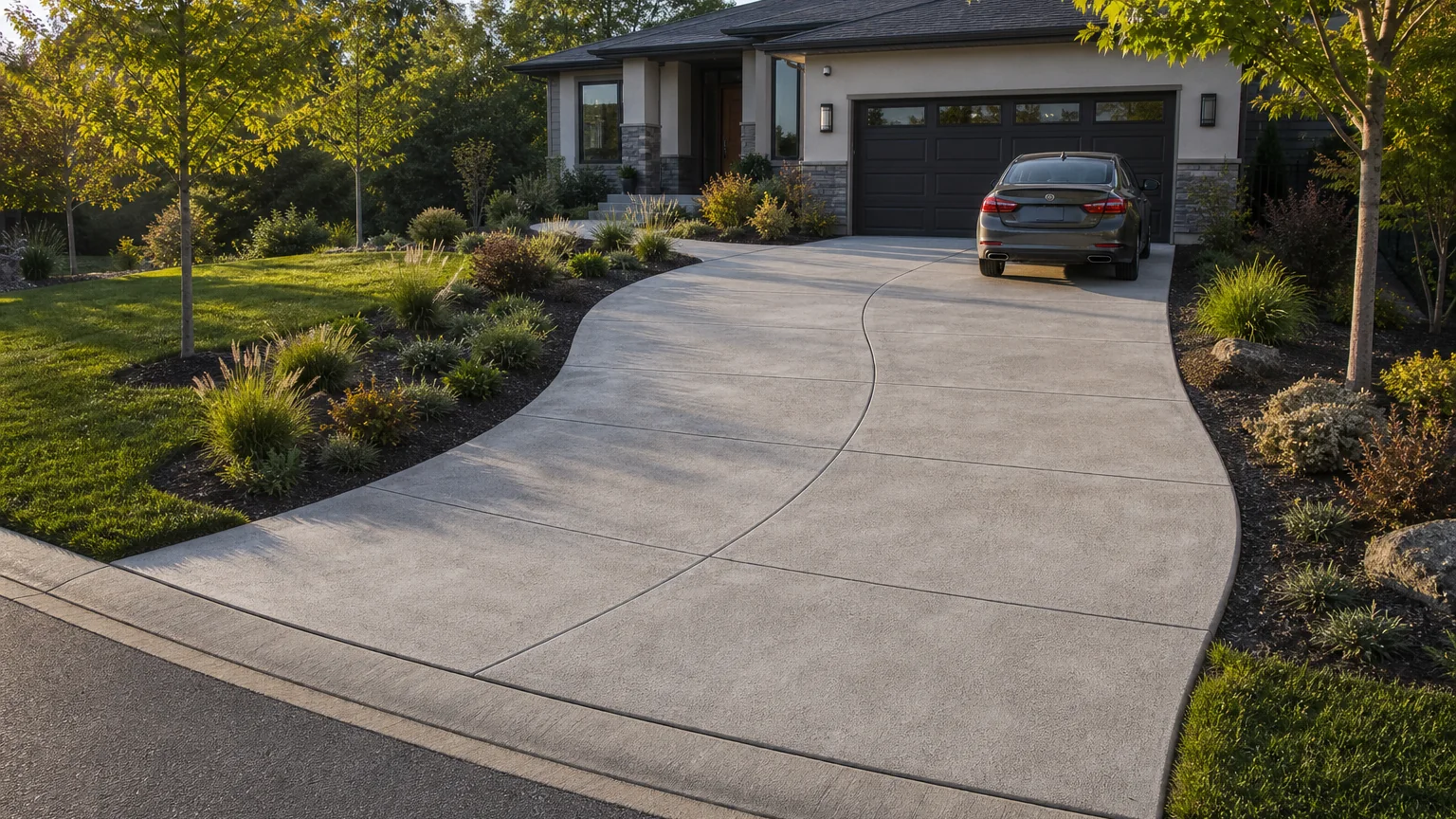 Gently curved concrete driveway with generous turning radius and front-yard planting.