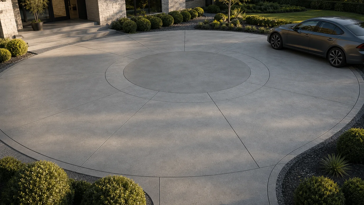 Honed concrete circular driveway apron with low planting and a refined entry approach.