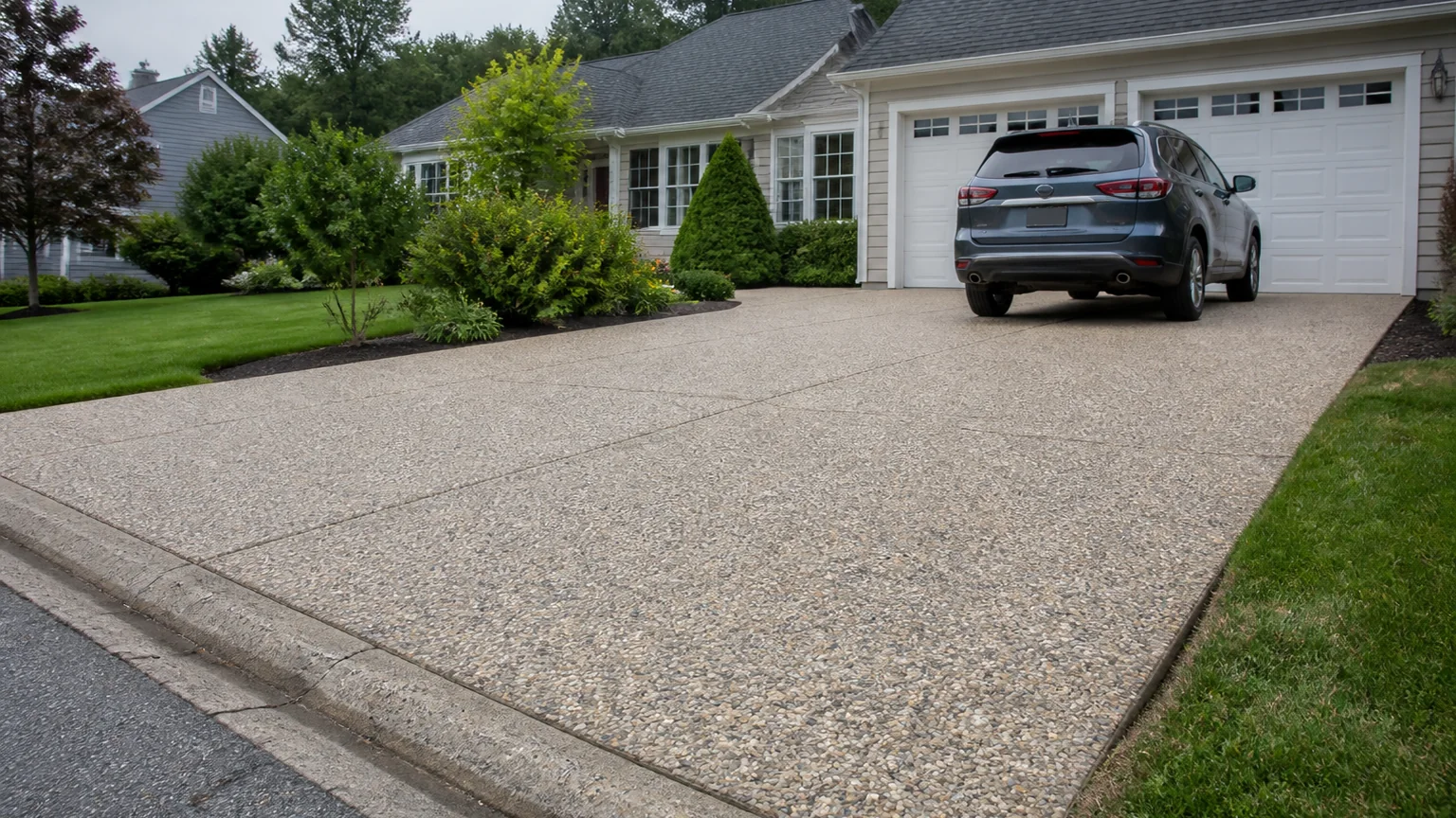 Light exposed aggregate concrete driveway with a traditional suburban garage and planting beds.