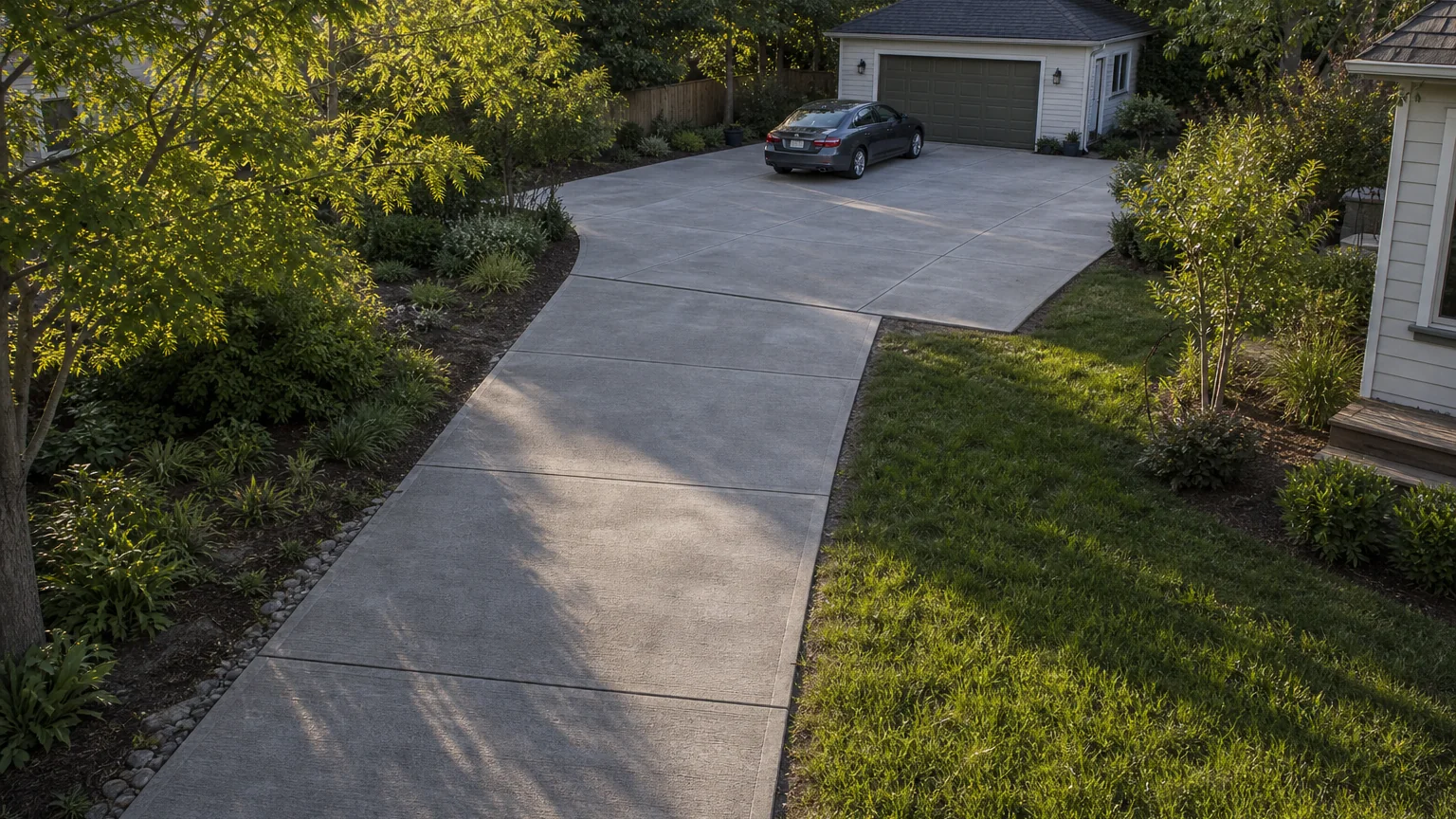 Long concrete driveway with a widened turnaround near a detached garage.