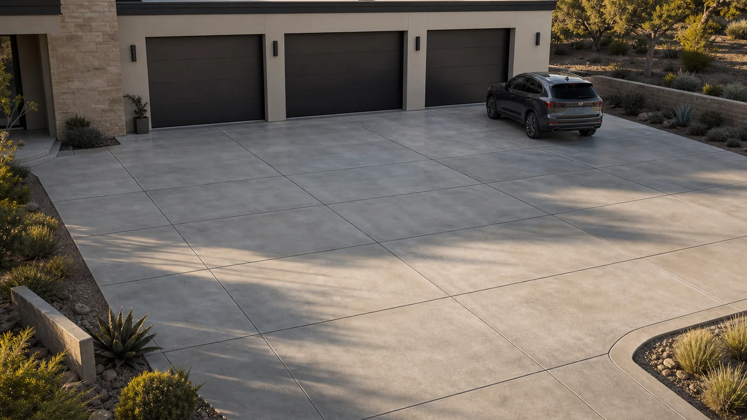 Minimal concrete motor court with large panels and a contemporary garage facade.