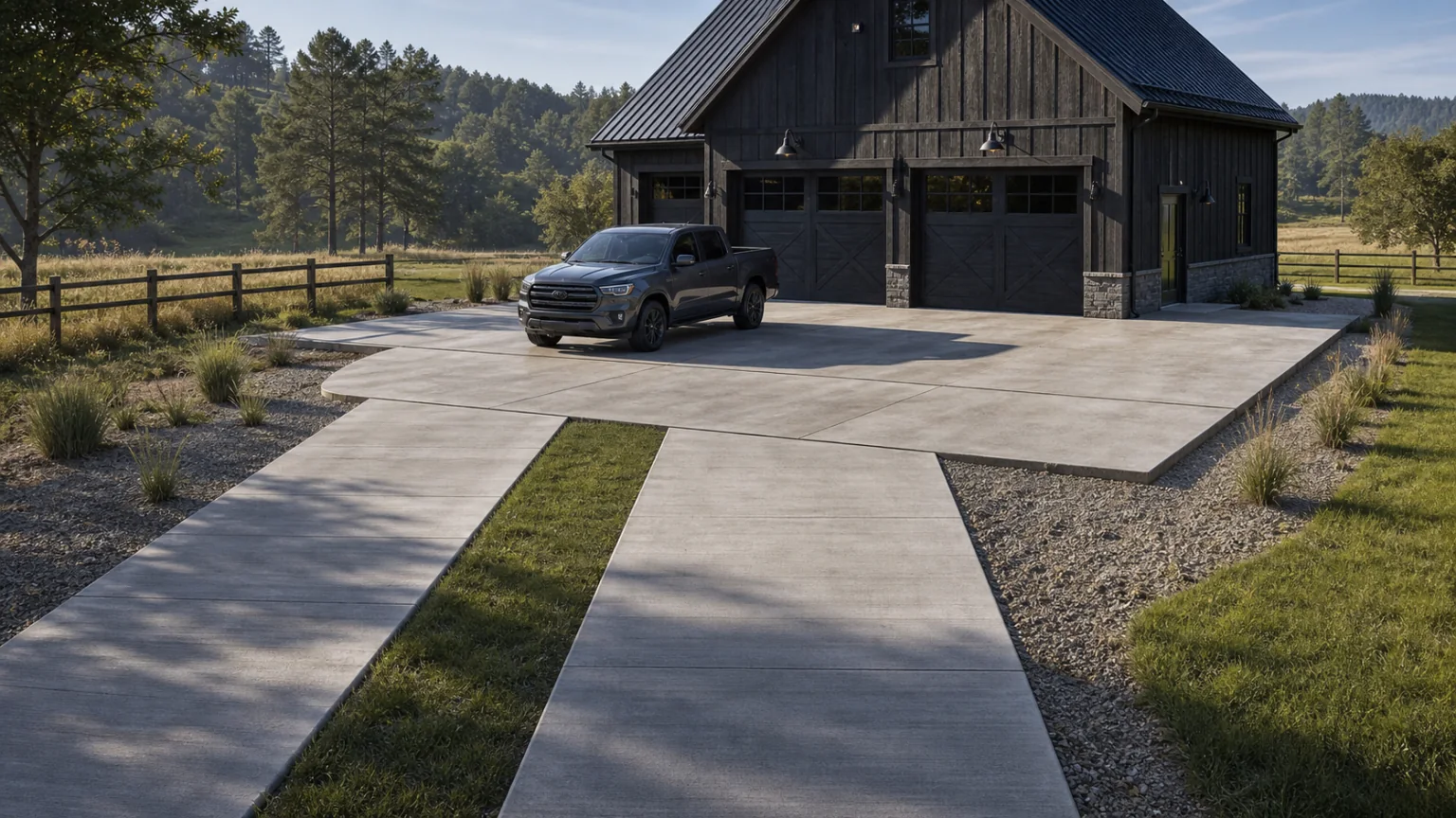 Modern barn ribbon driveway transitioning to a full-width concrete arrival apron.