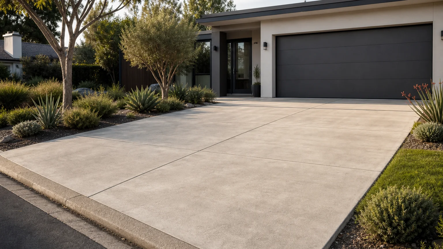 Modern concrete driveway with broad rectangular panels leading to a contemporary two-car garage.