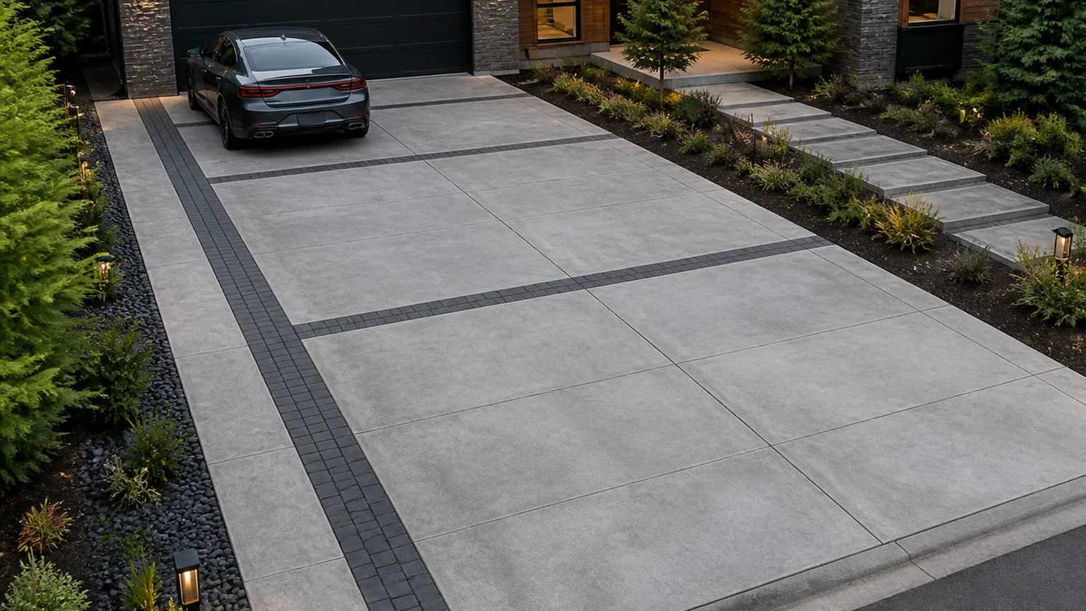 Modern concrete driveway with flush dark paver insets and structured planting.