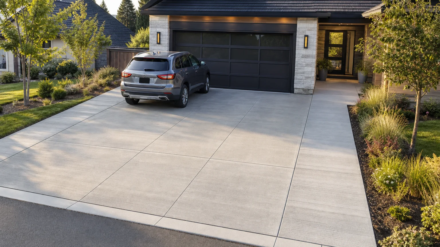 Modern two-car concrete driveway with a flush side unloading walk connected to the entry.