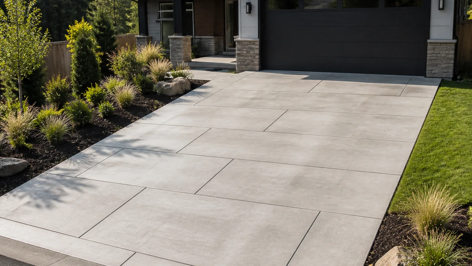 Modern concrete driveway with an offset rectangular panel layout and simple front planting.
