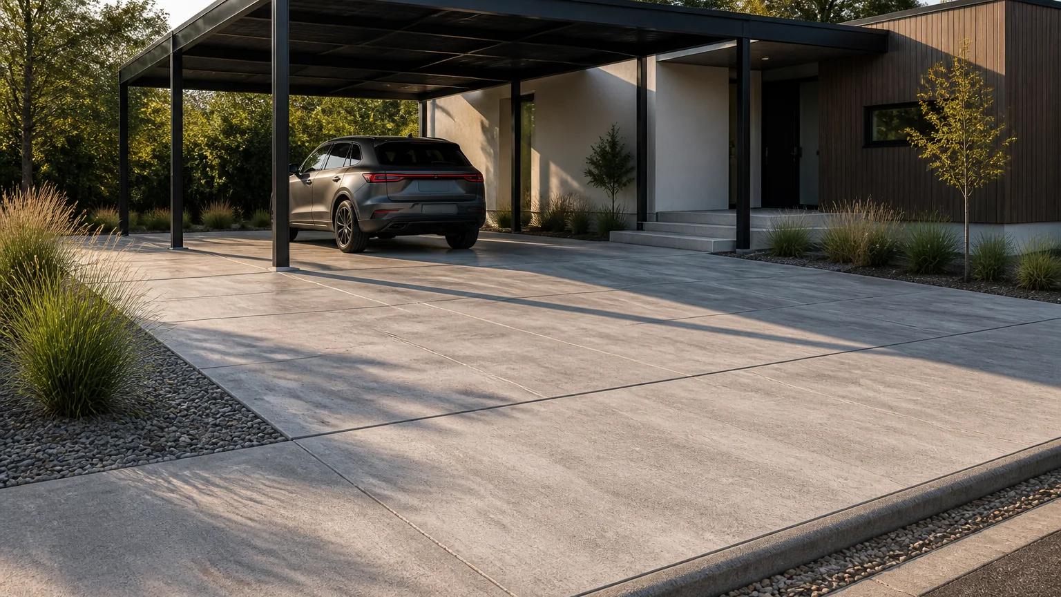 Modern concrete driveway beneath a simple steel carport canopy beside a contemporary home.