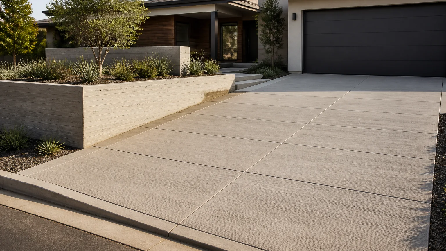 Warm-gray concrete driveway beside a low board-formed entry wall and native planting.
