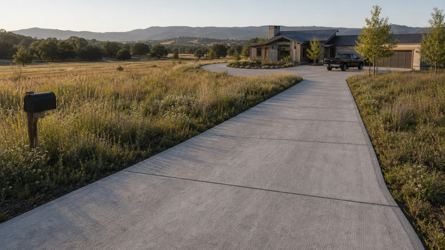 Long concrete driveway through a meadow leading to a modern rural home.