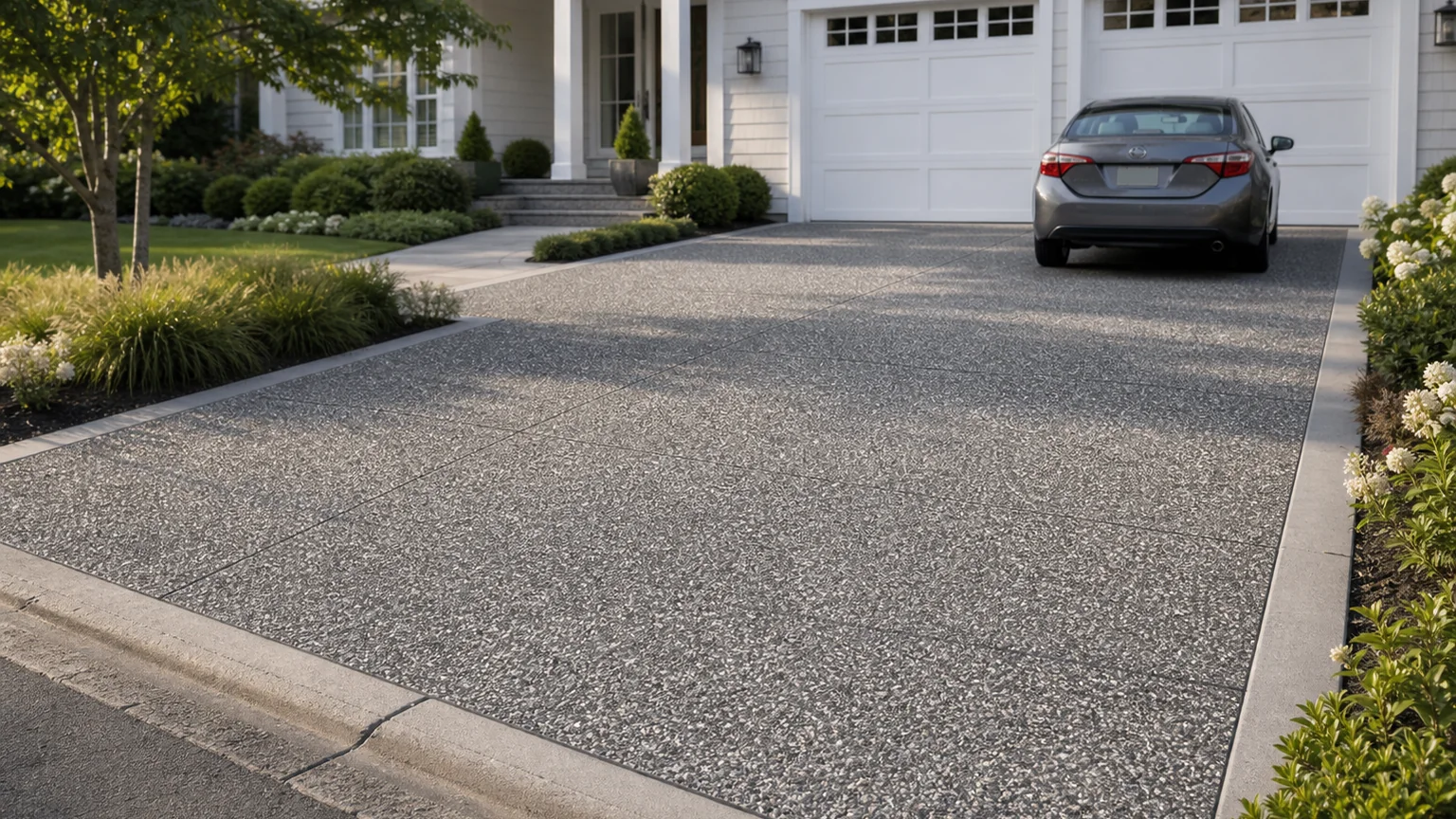 Salt-and-pepper exposed aggregate driveway leading to a clean white garage facade.