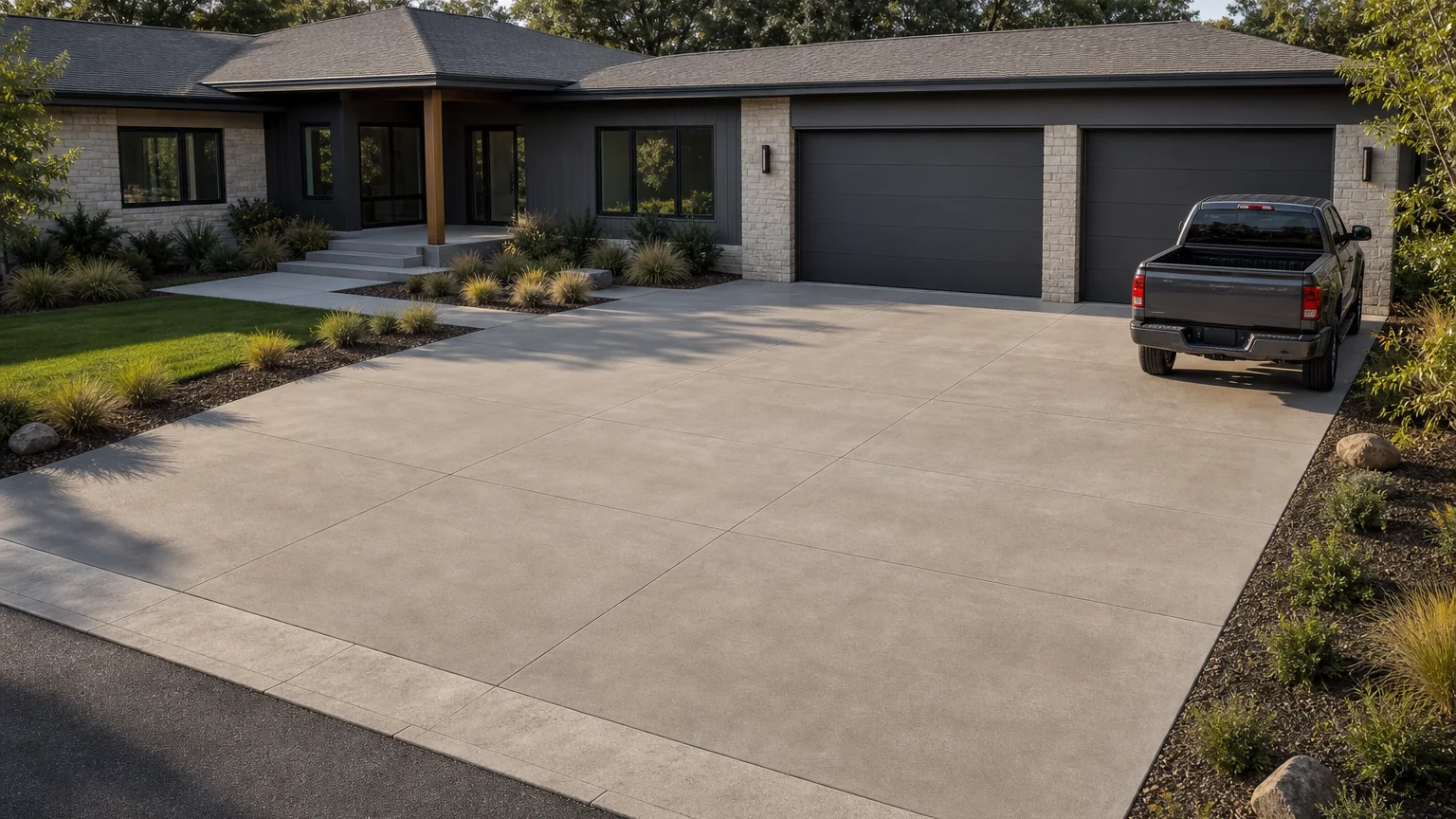 Sandblasted concrete driveway with a matte finish in front of a modern ranch home.