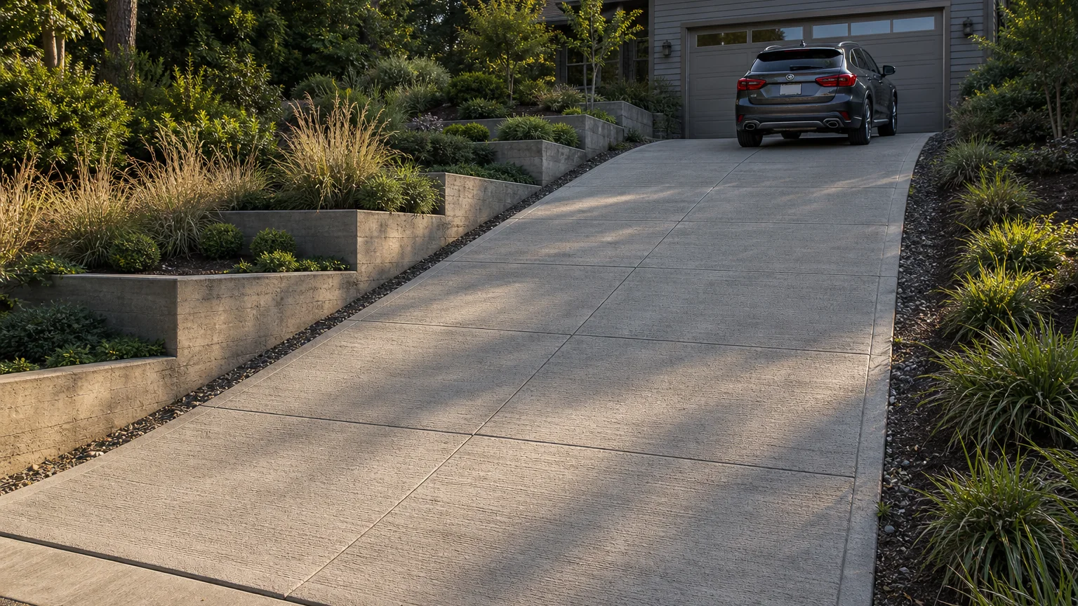 Sloped concrete driveway beside low stepped landscape terraces and a modern garage.